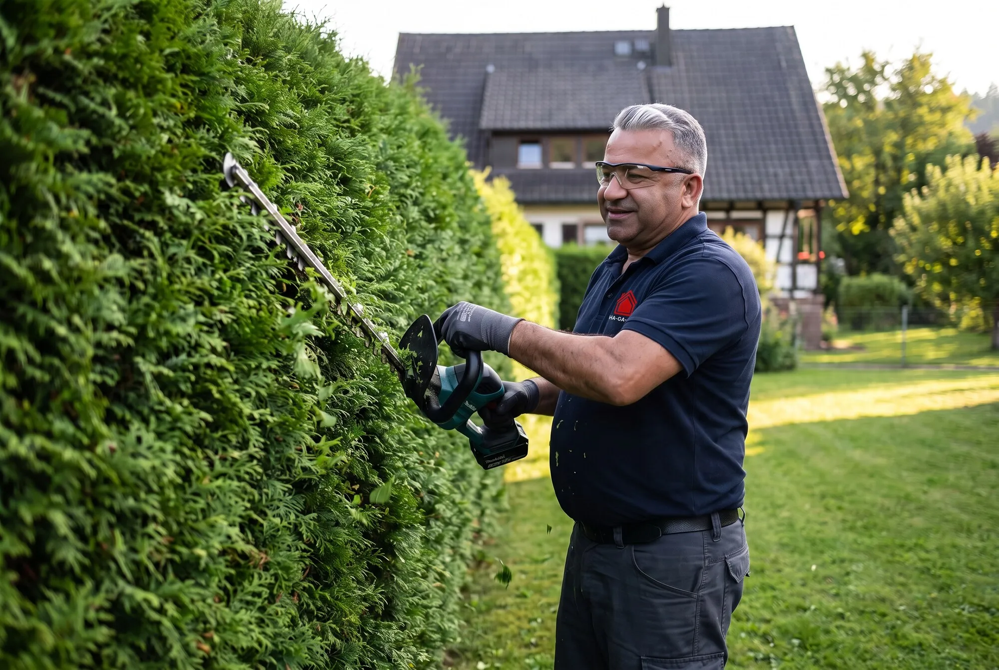 Mehmet Özdemir im Hemd mit Firmenlogo schneidet eine Hecke.