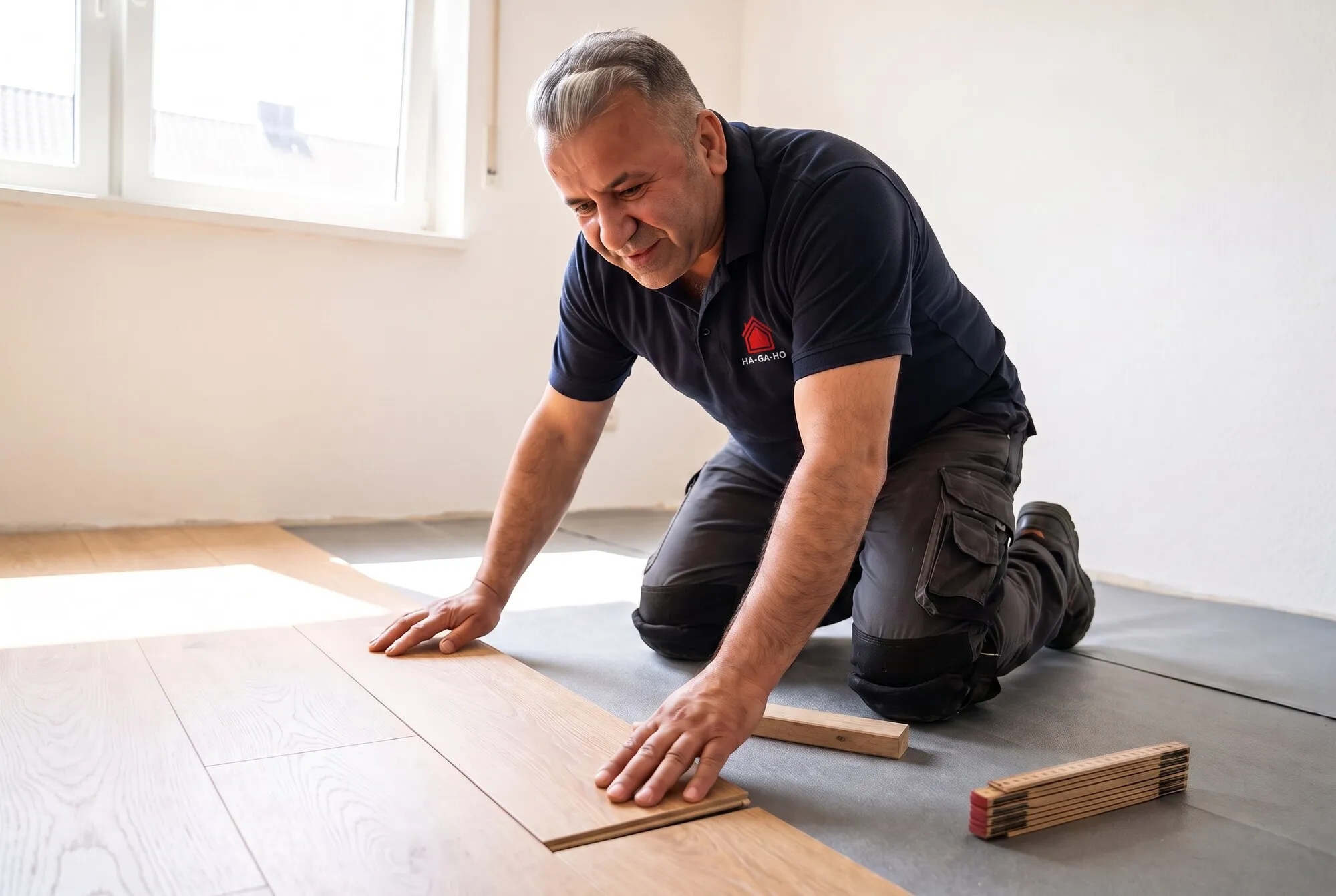 Mehmet Özdemir im Hemd mit Firmenlogo verlegt einen Laminatboden.